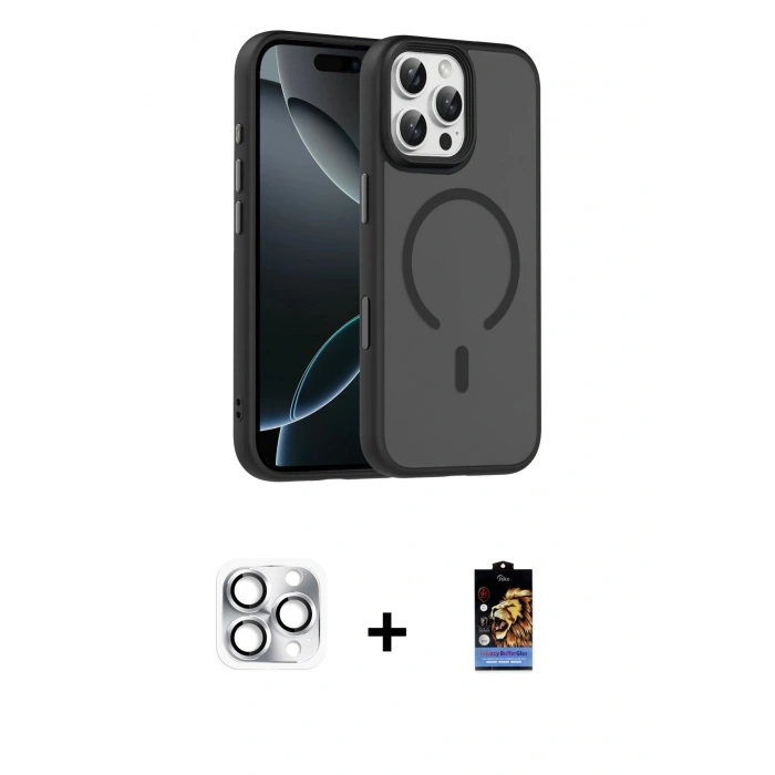 MARSİLYAN™- iPhone 16 Pro Max Kılıf Doruk Form Serisi - Siyah Buffer Hayalet Cam Ekran Koruyucu + Pers Alüminyum Kamera Lens - GS