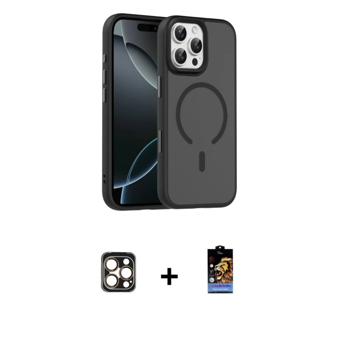 MARSİLYAN™- iPhone 16 Pro Max Kılıf Doruk Form Serisi - Siyah Buffer Hayalet Cam Ekran Koruyucu + PVD Metal Kamera Lens - GD