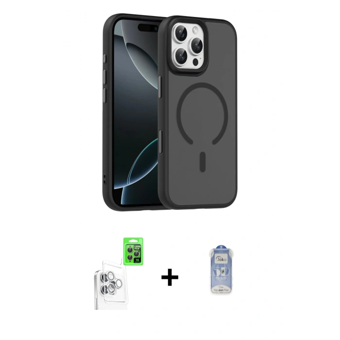 MARSİLYAN™- iPhone 16 Pro Max Kılıf Doruk Form Serisi - Siyah Joko Magic 5D Cam + Beyaz Raze Metal Kamera Lens