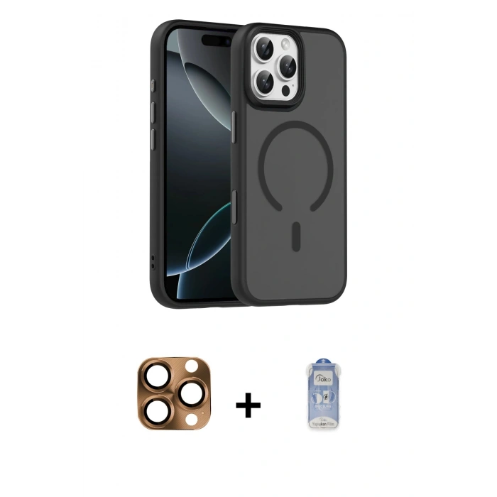 MARSİLYAN™- iPhone 16 Pro Max Kılıf Doruk Form Serisi - Siyah Joko Magic 5D Cam + Pers Alüminyum Kamera Lens - CLTM