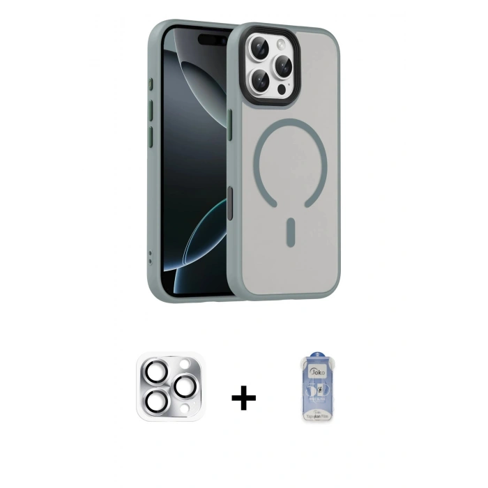 MARSİLYAN™- iPhone 16 Pro Max Kılıf Doruk Form Serisi - Siyah Joko Magic 5D Cam + Gümüş Pers Alüminyum Kamera Lens