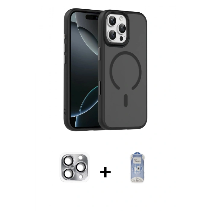 MARSİLYAN™- iPhone 16 Pro Max Kılıf Doruk Form Serisi - Siyah Joko Magic 5D Cam + Pers Alüminyum Kamera Lens - GI