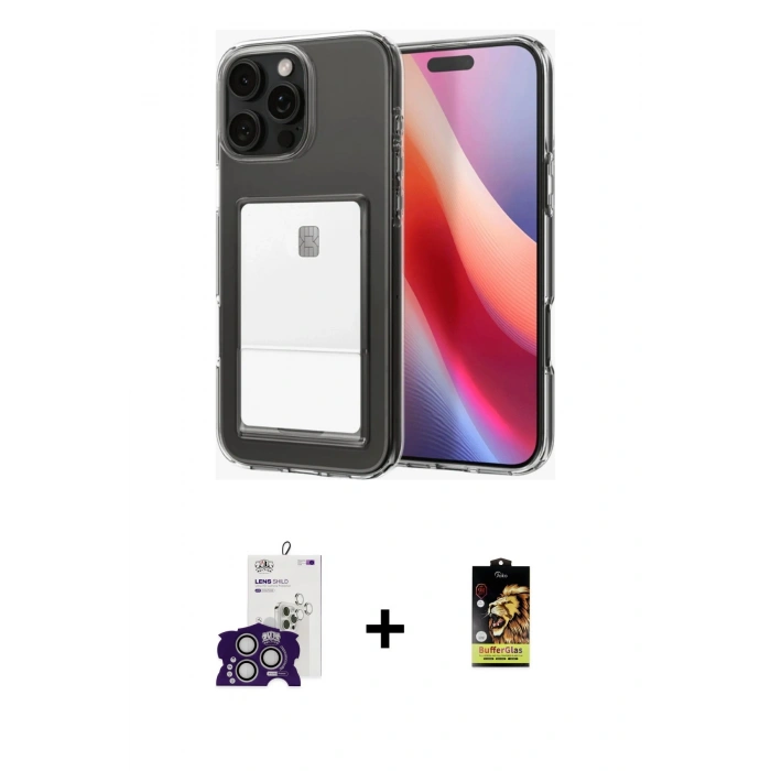 MARSİLYAN™- iPhone 16 Pro Max Kılıf Doruk Klasik Koleksiyonu - Siyah Buffer Cam Ekran Koruyucu + Gümüş Bilvis Titan Kamera Lens