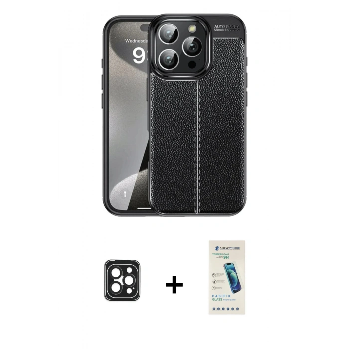 MARSİLYAN™- iPhone 16 Pro Max Kılıf Doruk Klasik Özel Seri - Şeffaf Pasifik Cam Ekran Koruyucu + PVD Metal Kamera Lens - SH