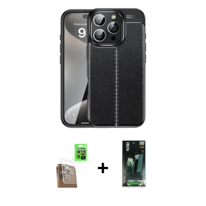 MARSİLYAN™- iPhone 16 Pro Max Kılıf Doruk Klasik Özel Seri - Siyah 360 Mat Full Body Arka Koruyucu + Raze Metal Kamera Lens - CLTM