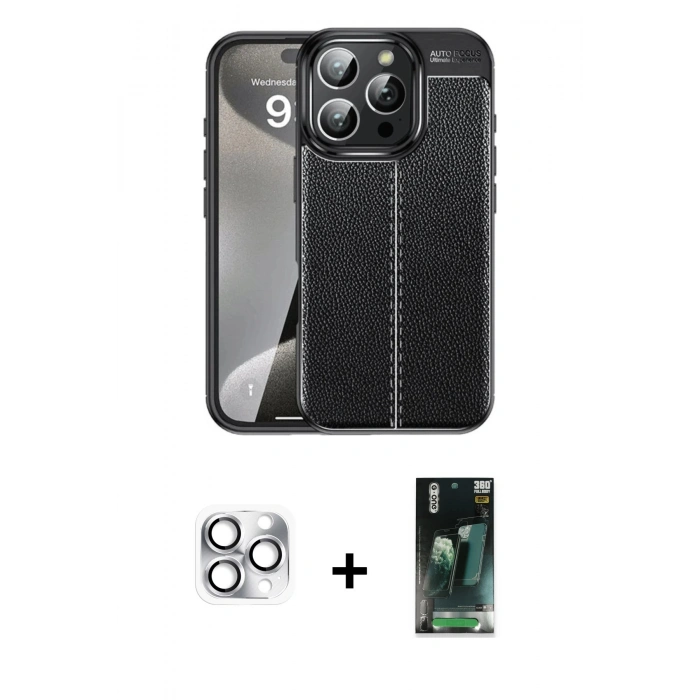 MARSİLYAN™- iPhone 16 Pro Max Kılıf Doruk Klasik Özel Seri - Siyah 360 Mat Full Body Arka Koruyucu + Pers Alüminyum Kamera Lens - GS