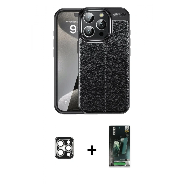 MARSİLYAN™- iPhone 16 Pro Max Kılıf Doruk Klasik Özel Seri - Siyah 360 Mat Full Body Arka Koruyucu + PVD Metal Kamera Lens - GS