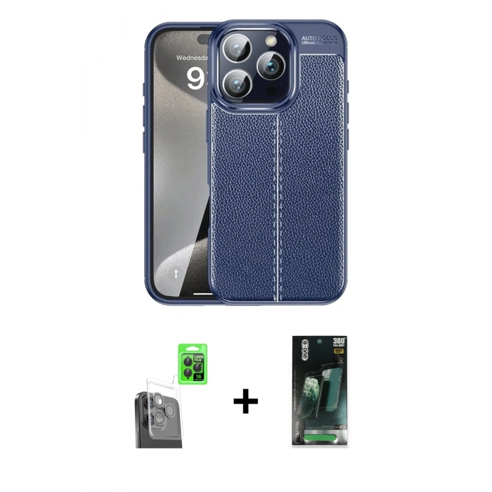 MARSİLYAN™- iPhone 16 Pro Max Kılıf Doruk Klasik Özel Seri - Siyah 360 Mat Full Body Arka Koruyucu + Raze Metal Kamera Lens - SH
