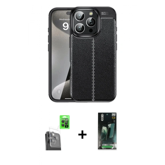 MARSİLYAN™- iPhone 16 Pro Max Kılıf Doruk Klasik Özel Seri - Siyah 360 Mat Full Body Arka Koruyucu + Raze Metal Kamera Lens - SH