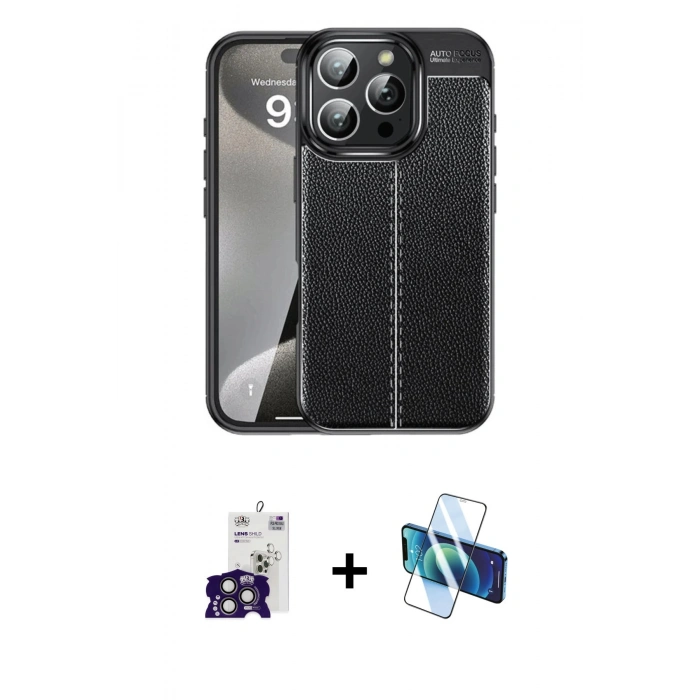 MARSİLYAN™- iPhone 16 Pro Max Kılıf Doruk Klasik Özel Seri - Siyah 3D Antistatik Cam Ekran Koruyucu + Bilvis Titan Kamera Lens - TMGI