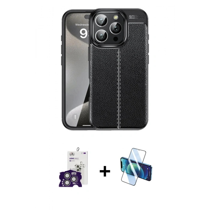 MARSİLYAN™- iPhone 16 Pro Max Kılıf Doruk Klasik Özel Seri - Siyah 3D Antistatik Cam Ekran Koruyucu + Bilvis Titan Kamera Lens - GS