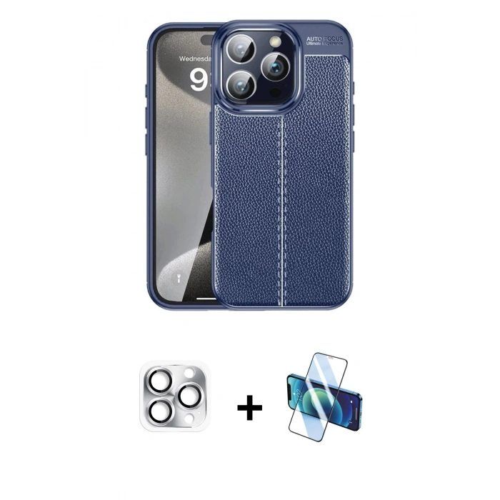 MARSİLYAN™- iPhone 16 Pro Max Kılıf Doruk Klasik Özel Seri - Siyah 3D Antistatik Cam Ekran Koruyucu + Pers Alüminyum Kamera Lens - GS