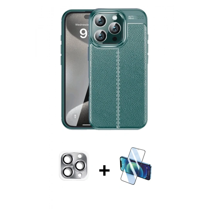 MARSİLYAN™- iPhone 16 Pro Max Kılıf Doruk Klasik Özel Seri - Siyah 3D Antistatik Cam Ekran Koruyucu + Pers Alüminyum Kamera Lens - GI