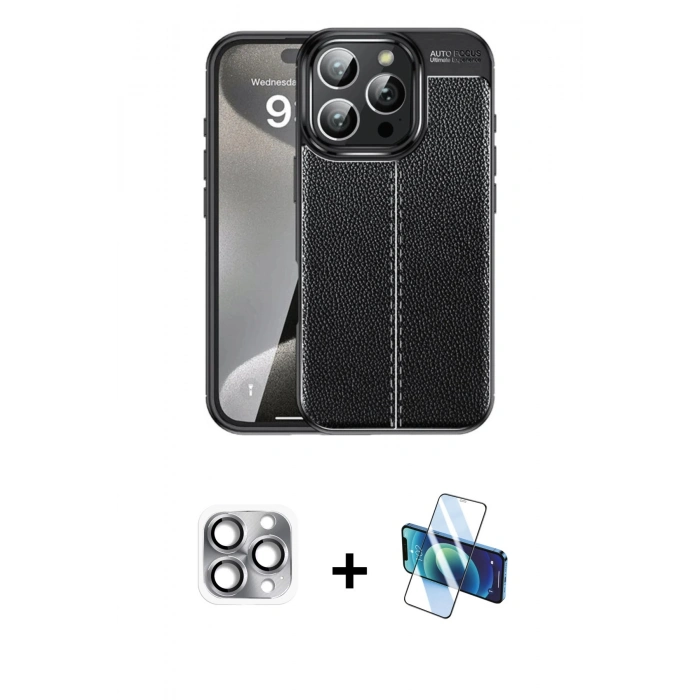 MARSİLYAN™- iPhone 16 Pro Max Kılıf Doruk Klasik Özel Seri - Siyah 3D Antistatik Cam Ekran Koruyucu + Pers Alüminyum Kamera Lens - GI