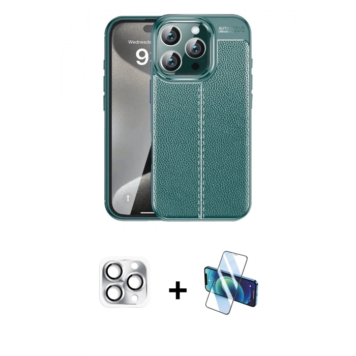 MARSİLYAN™- iPhone 16 Pro Max Kılıf Doruk Klasik Özel Seri - Siyah 3D Antistatik Cam Ekran Koruyucu + Pers Alüminyum Kamera Lens - GS