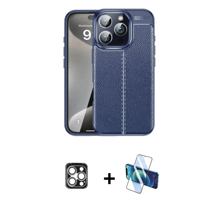 MARSİLYAN™- iPhone 16 Pro Max Kılıf Doruk Klasik Özel Seri - Siyah 3D Antistatik Cam Ekran Koruyucu + PVD Metal Kamera Lens - GS