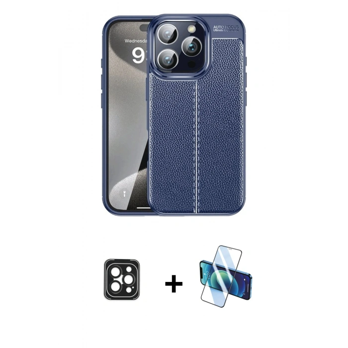 MARSİLYAN™- iPhone 16 Pro Max Kılıf Doruk Klasik Özel Seri - Siyah 3D Antistatik Cam Ekran Koruyucu + PVD Metal Kamera Lens - SH