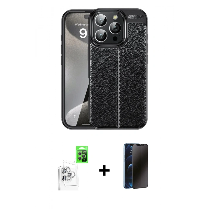 MARSİLYAN™- iPhone 16 Pro Max Kılıf Doruk Klasik Özel Seri - Siyah 3D Antistatik Hayalet Cam Ekran Koruyucu + Raze Metal Kamera Lens - BZ