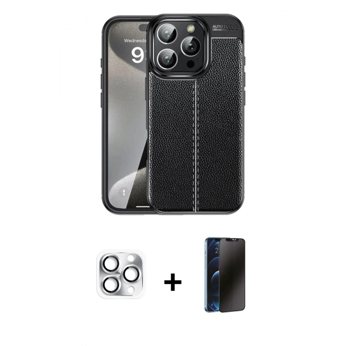 MARSİLYAN™- iPhone 16 Pro Max Kılıf Doruk Klasik Özel Seri - Siyah 3D Antistatik Hayalet Cam Ekran Koruyucu + Pers Alüminyum Kamera Lens - GS