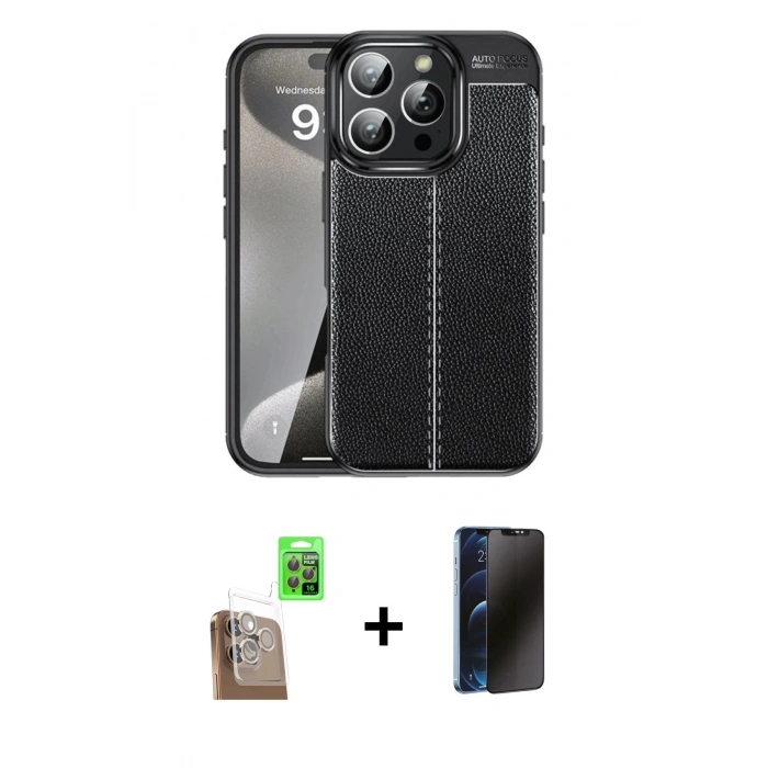 MARSİLYAN™- iPhone 16 Pro Max Kılıf Doruk Klasik Özel Seri - Siyah 3D Antistatik Hayalet Cam Ekran Koruyucu + Raze Metal Kamera Lens - CLTM