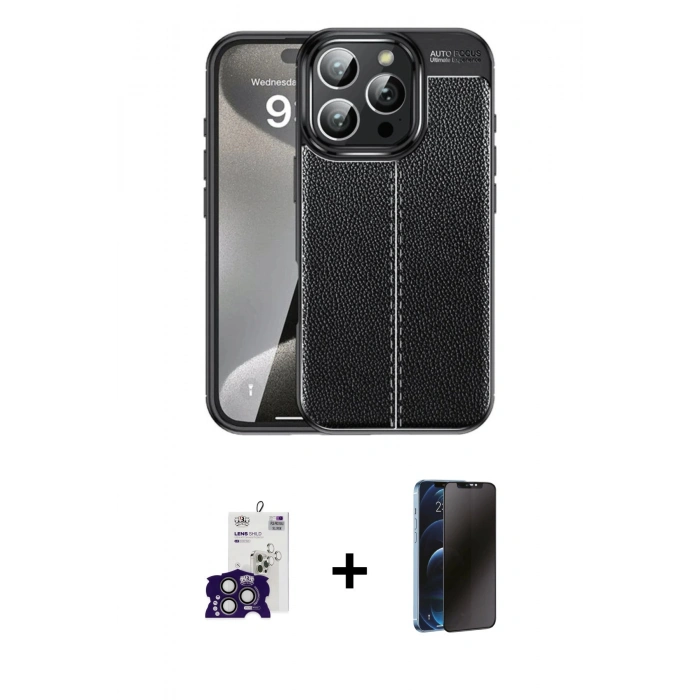 MARSİLYAN™- iPhone 16 Pro Max Kılıf Doruk Klasik Özel Seri - Siyah 3D Antistatik Hayalet Cam Ekran Koruyucu + Bilvis Titan Kamera Lens - TMGI