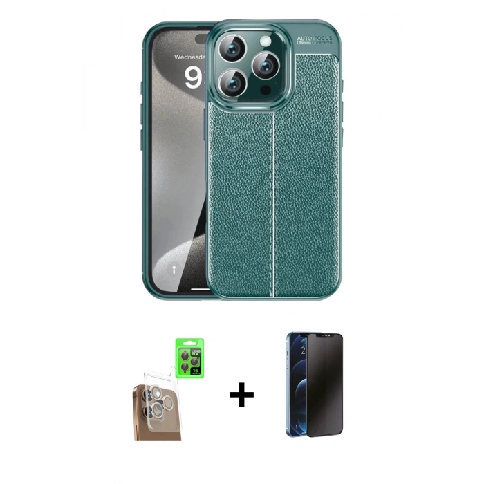 MARSİLYAN™- iPhone 16 Pro Max Kılıf Doruk Klasik Özel Seri - Siyah 3D Antistatik Hayalet Cam Ekran Koruyucu + Raze Metal Kamera Lens - CLTM