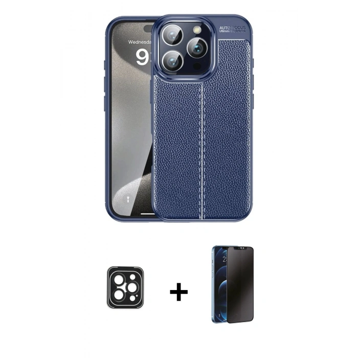 MARSİLYAN™- iPhone 16 Pro Max Kılıf Doruk Klasik Özel Seri - Siyah 3D Antistatik Hayalet Cam Ekran Koruyucu + PVD Metal Kamera Lens - SH
