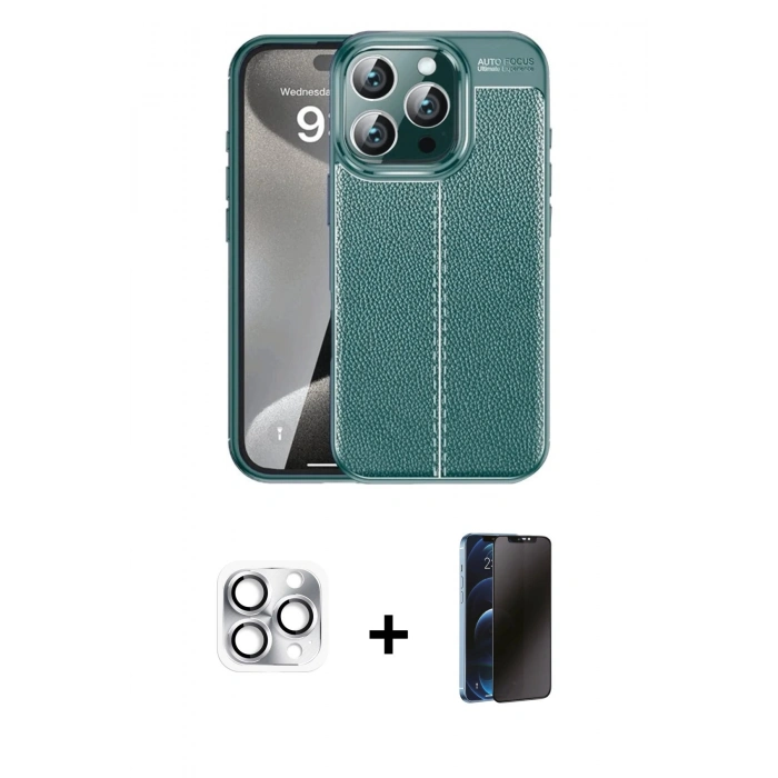 MARSİLYAN™- iPhone 16 Pro Max Kılıf Doruk Klasik Özel Seri - Siyah 3D Antistatik Hayalet Cam Ekran Koruyucu + Pers Alüminyum Kamera Lens - GS