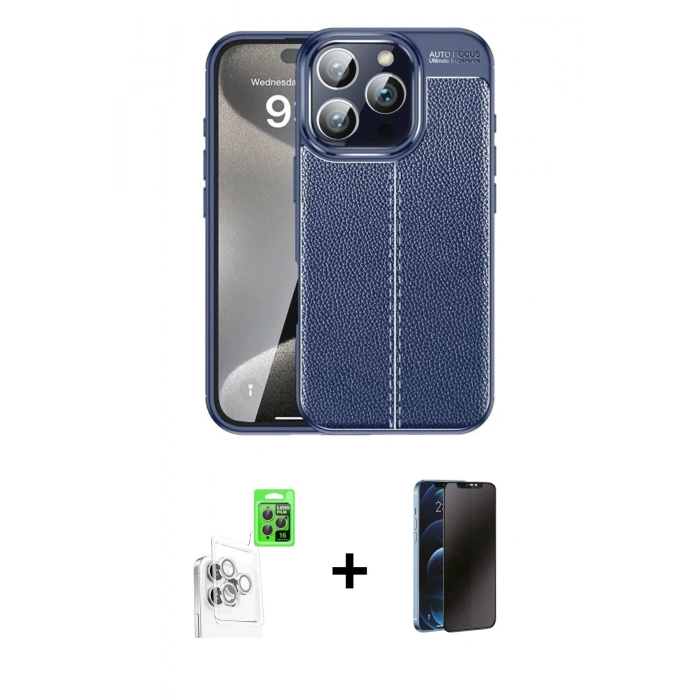 MARSİLYAN™- iPhone 16 Pro Max Kılıf Doruk Klasik Özel Seri - Siyah 3D Antistatik Hayalet Cam Ekran Koruyucu + Raze Metal Kamera Lens - BZ