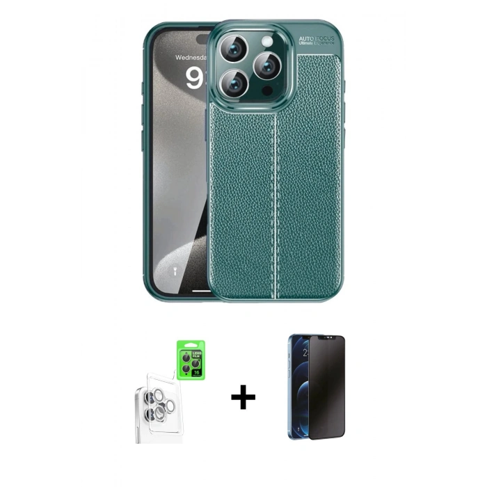MARSİLYAN™- iPhone 16 Pro Max Kılıf Doruk Klasik Özel Seri - Siyah 3D Antistatik Hayalet Cam Ekran Koruyucu + Raze Metal Kamera Lens - BZ