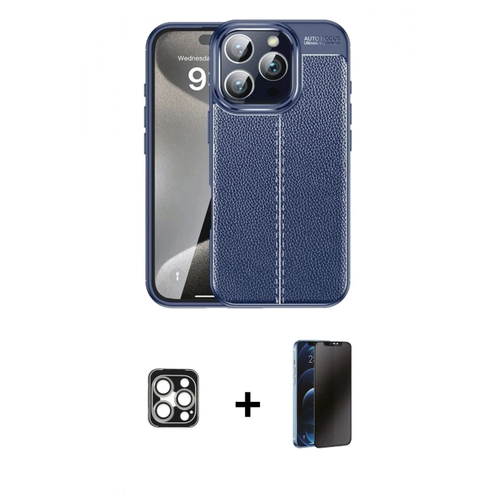 MARSİLYAN™- iPhone 16 Pro Max Kılıf Doruk Klasik Özel Seri - Siyah 3D Antistatik Hayalet Cam Ekran Koruyucu + PVD Metal Kamera Lens - GS