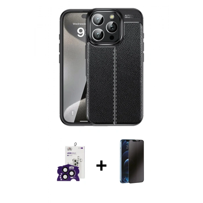 MARSİLYAN™- iPhone 16 Pro Max Kılıf Doruk Klasik Özel Seri - Siyah 3D Antistatik Hayalet Cam Ekran Koruyucu + Bilvis Titan Kamera Lens - SH