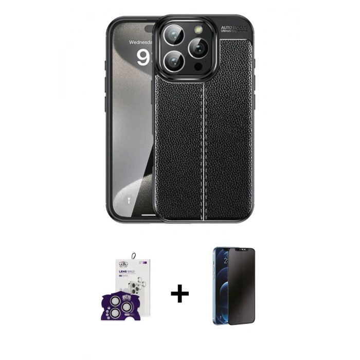 MARSİLYAN™- iPhone 16 Pro Max Kılıf Doruk Klasik Özel Seri - Siyah 3D Antistatik Hayalet Cam Ekran Koruyucu + Bilvis Titan Kamera Lens - GS