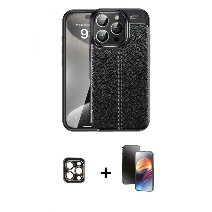 MARSİLYAN™- iPhone 16 Pro Max Kılıf Doruk Klasik Özel Seri - Siyah 3D Antistatik Mat Seramik Nano Ekran Koruyucu + PVD Metal Kamera Lens - GD