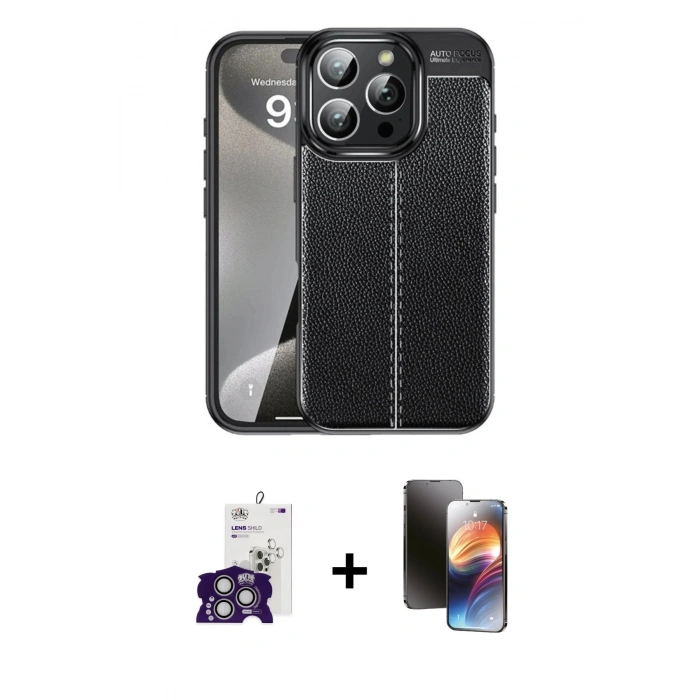 MARSİLYAN™- iPhone 16 Pro Max Kılıf Doruk Klasik Özel Seri - Siyah 3D Antistatik Mat Seramik Nano Ekran Koruyucu + Bilvis Titan Kamera Lens - GS