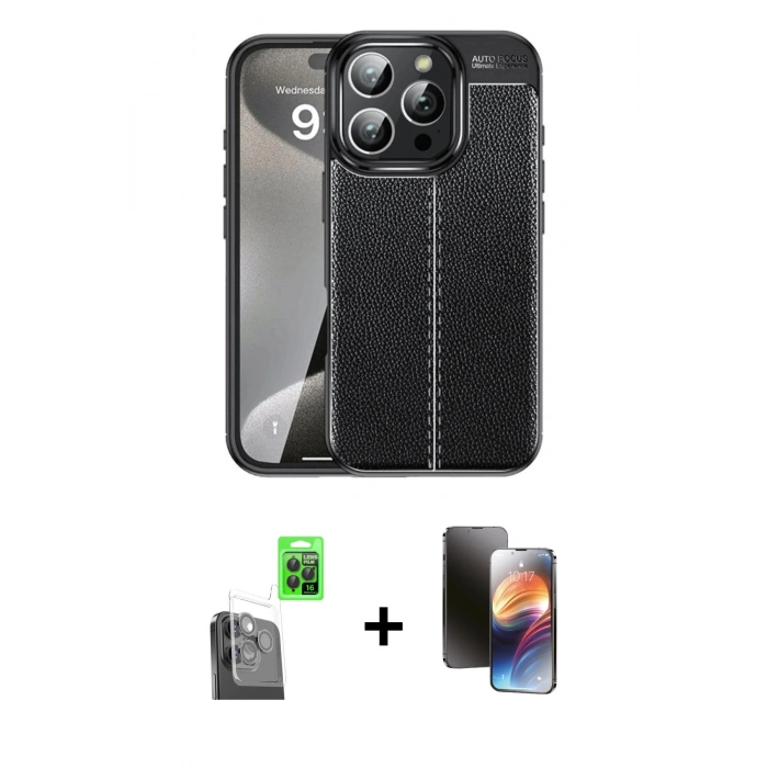 MARSİLYAN™- iPhone 16 Pro Max Kılıf Doruk Klasik Özel Seri - Siyah 3D Antistatik Mat Seramik Nano Ekran Koruyucu + Siyah Raze Metal Kamera Lens