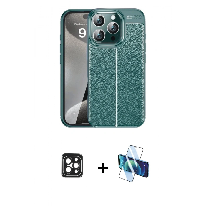 MARSİLYAN™- iPhone 16 Pro Max Kılıf Doruk Klasik Özel Seri - Siyah 3D Antistatik Seramik Nano Ekran Koruyucu + PVD Metal Kamera Lens - SH
