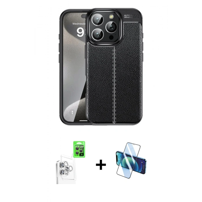 MARSİLYAN™- iPhone 16 Pro Max Kılıf Doruk Klasik Özel Seri - Siyah 3D Antistatik Seramik Nano Ekran Koruyucu + Raze Metal Kamera Lens - BZ