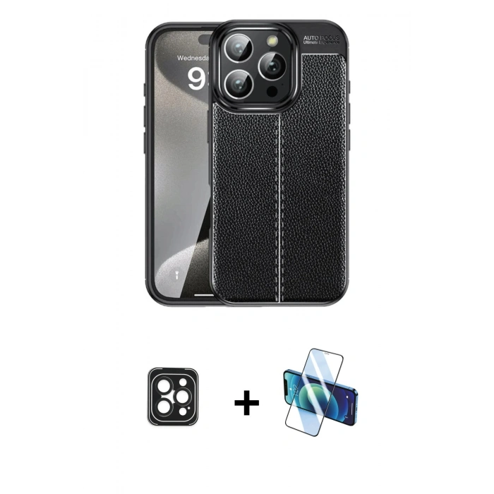 MARSİLYAN™- iPhone 16 Pro Max Kılıf Doruk Klasik Özel Seri - Siyah 3D Antistatik Seramik Nano Ekran Koruyucu + PVD Metal Kamera Lens - SH