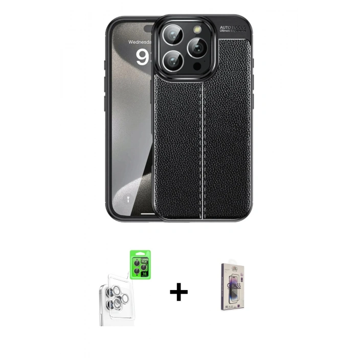 MARSİLYAN™- iPhone 16 Pro Max Kılıf Doruk Klasik Özel Seri - Siyah Bilvis 3D Cam Ekran Koruyucu + Raze Metal Kamera Lens - BZ