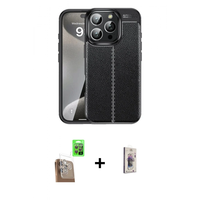 MARSİLYAN™- iPhone 16 Pro Max Kılıf Doruk Klasik Özel Seri - Siyah Bilvis 3D Cam Ekran Koruyucu + Raze Metal Kamera Lens - CLTM