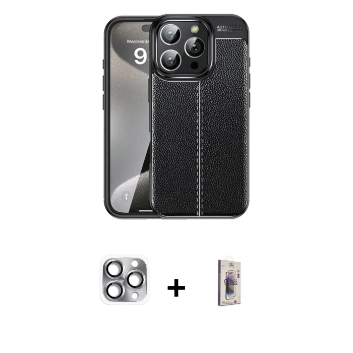 MARSİLYAN™- iPhone 16 Pro Max Kılıf Doruk Klasik Özel Seri - Siyah Bilvis 3D Cam Ekran Koruyucu + Pers Alüminyum Kamera Lens - GI