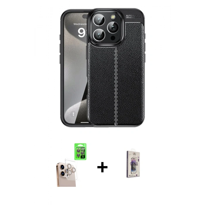 MARSİLYAN™- iPhone 16 Pro Max Kılıf Doruk Klasik Özel Seri - Siyah Bilvis 3D Cam Ekran Koruyucu + Natural Grey Raze Metal Kamera Lens