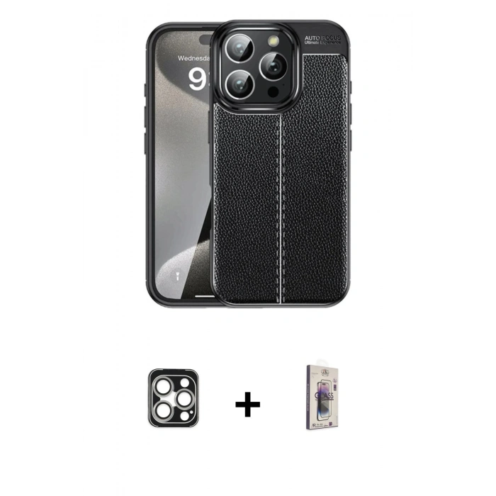 MARSİLYAN™- iPhone 16 Pro Max Kılıf Doruk Klasik Özel Seri - Siyah Bilvis 3D Cam Ekran Koruyucu + PVD Metal Kamera Lens - GS
