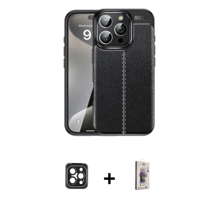 MARSİLYAN™- iPhone 16 Pro Max Kılıf Doruk Klasik Özel Seri - Siyah Bilvis 3D Cam Ekran Koruyucu + PVD Metal Kamera Lens - SH