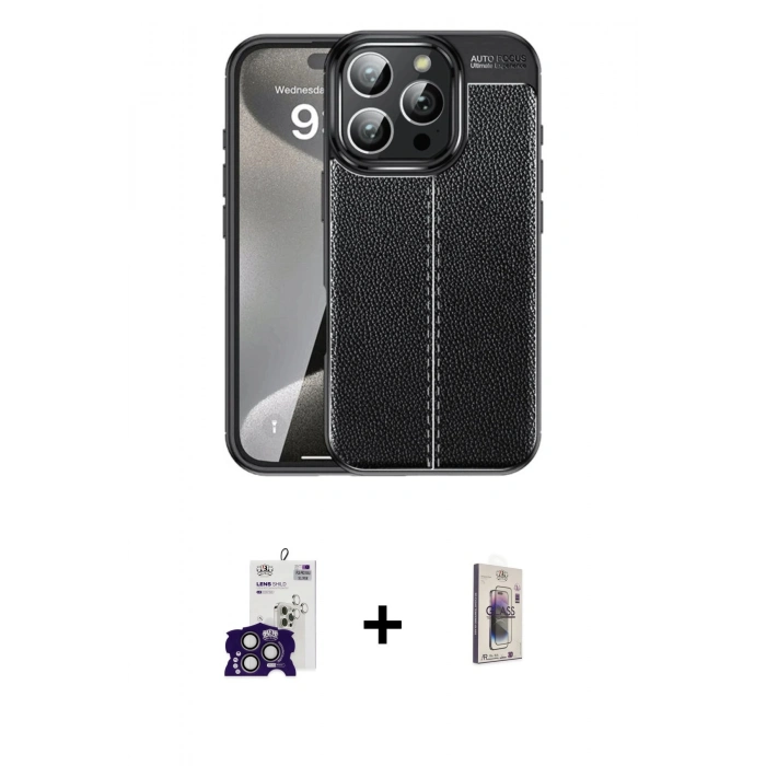 MARSİLYAN™- iPhone 16 Pro Max Kılıf Doruk Klasik Özel Seri - Siyah Bilvis 3D Cam Ekran Koruyucu + Bilvis Titan Kamera Lens - TMGI