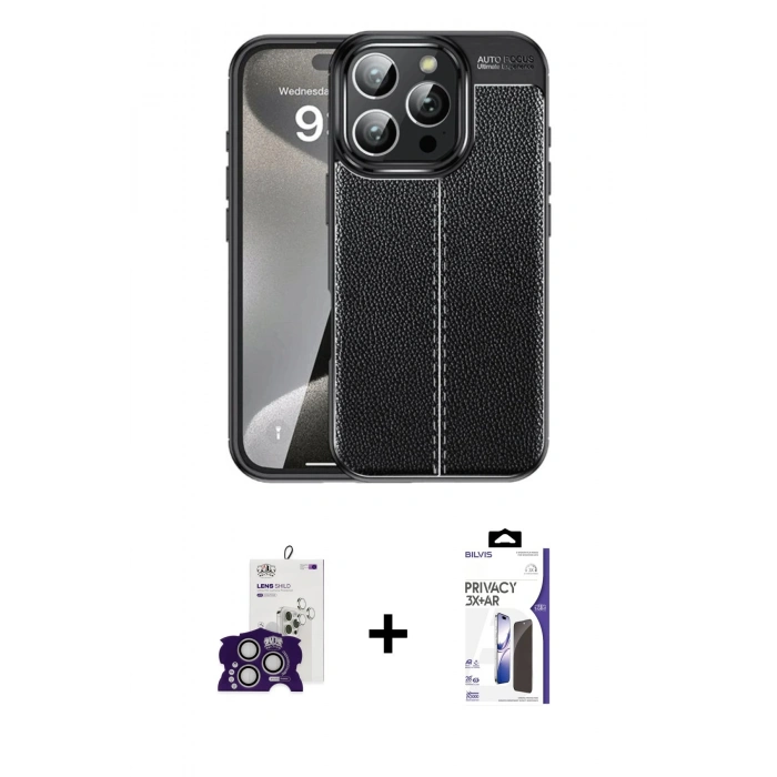 MARSİLYAN™- iPhone 16 Pro Max Kılıf Doruk Klasik Özel Seri - Siyah Bilvis 3X AR Hayalet Cam Ekran Koruyucu + Bilvis Titan Kamera Lens - GS