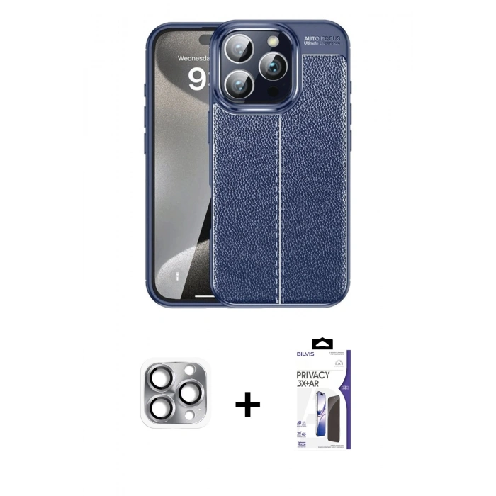 MARSİLYAN™- iPhone 16 Pro Max Kılıf Doruk Klasik Özel Seri - Siyah Bilvis 3X AR Hayalet Cam Ekran Koruyucu + Pers Alüminyum Kamera Lens - GI