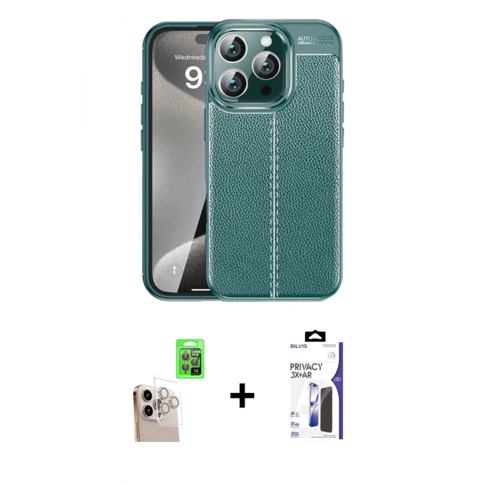 MARSİLYAN™- iPhone 16 Pro Max Kılıf Doruk Klasik Özel Seri - Siyah Bilvis 3X AR Hayalet Cam Ekran Koruyucu + Raze Metal Kamera Lens - NLGY