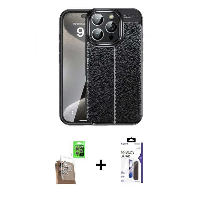 MARSİLYAN™- iPhone 16 Pro Max Kılıf Doruk Klasik Özel Seri - Siyah Bilvis 3X AR Hayalet Cam Ekran Koruyucu + Raze Metal Kamera Lens - CLTM